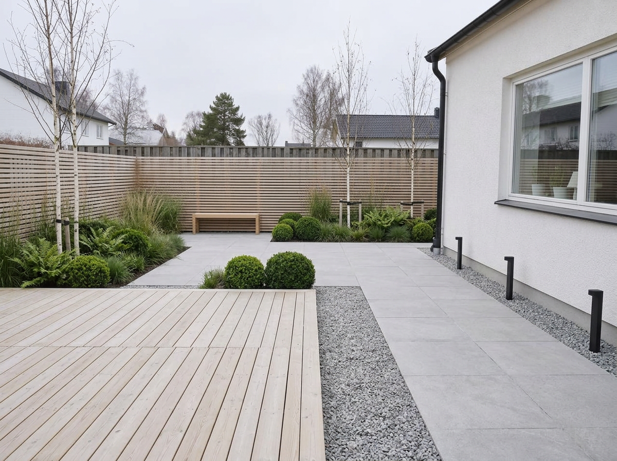 After: Bare back lawn → Nordic deck garden