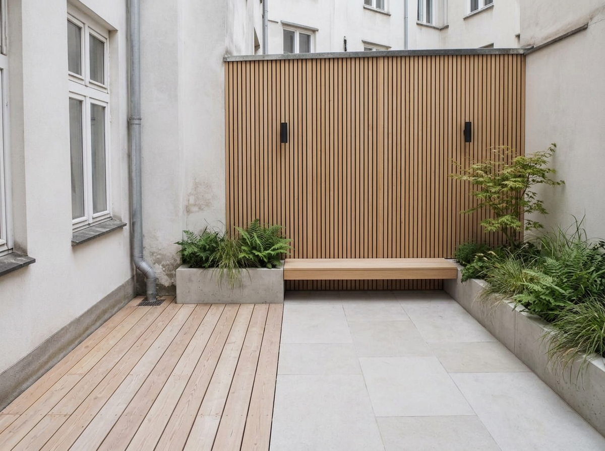 After: Grey courtyard → garden room