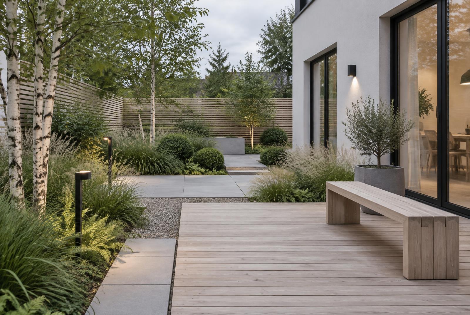 A calm designed garden with gravel path, grasses and timber seating